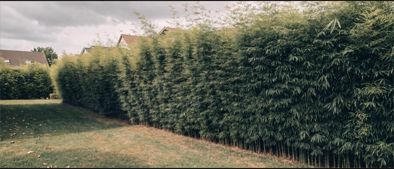 A dense green bamboo hedge screening the back boundary of a garden