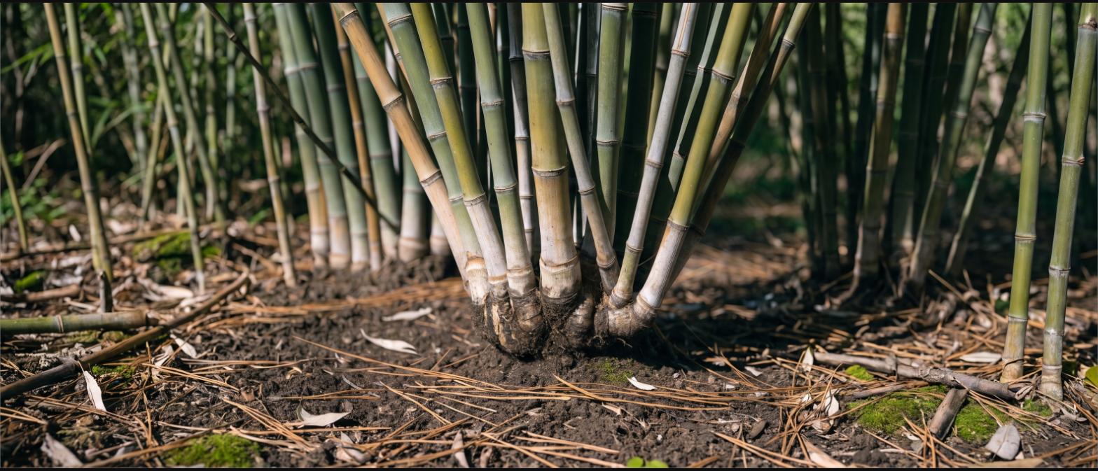 Close view of many bamboo culms emerging from a single tight root mass