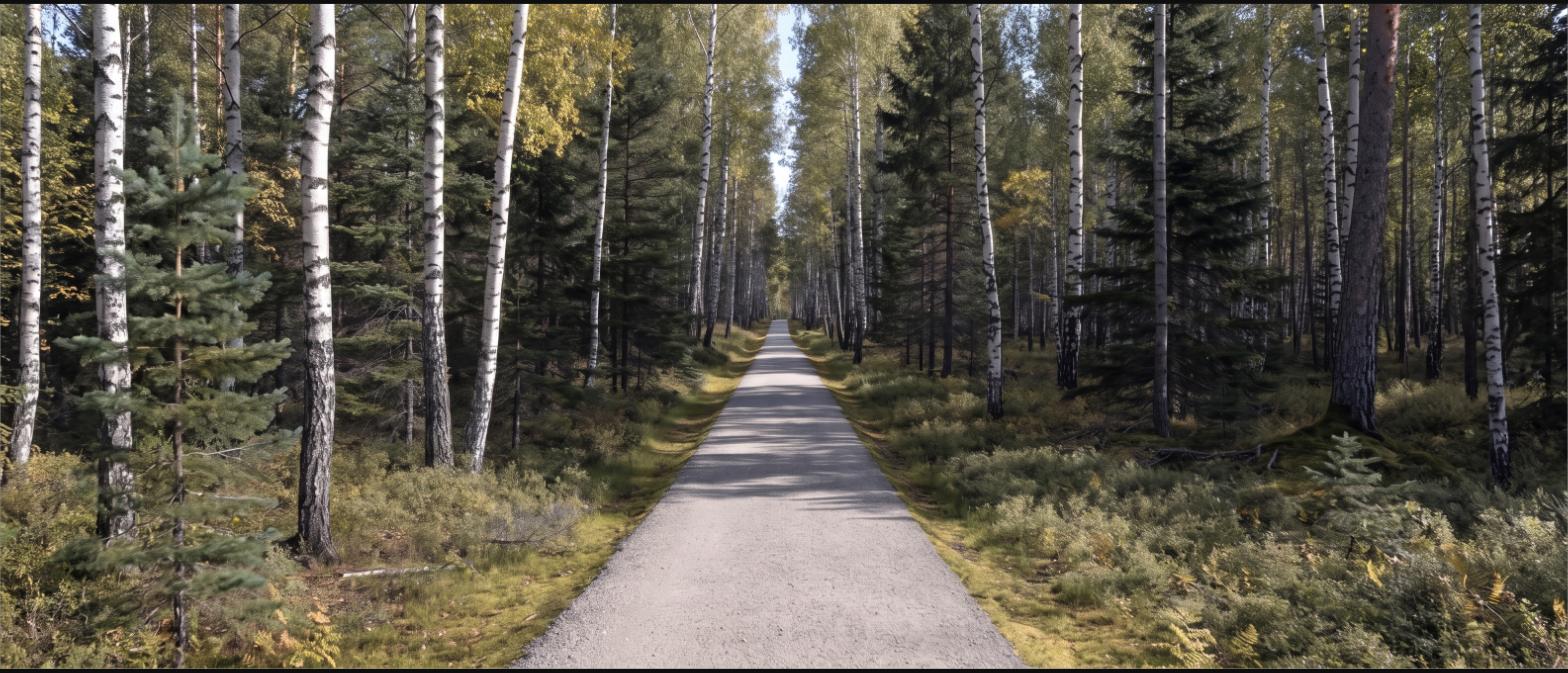 A paved rail-trail running through birch and pine woodland in autumn